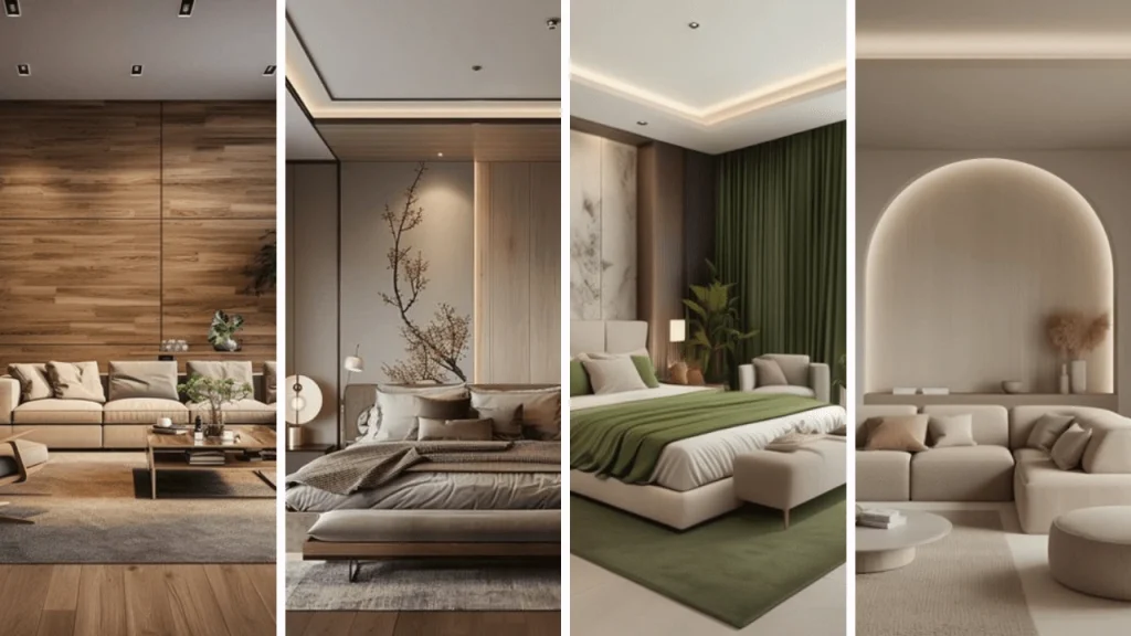 Different types of PVC ceiling panel designs, including wood-look and plain white panels.