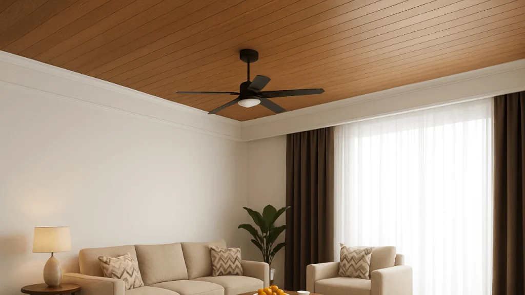 Modern living room with a decorative wood-grain i-Panel PVC ceiling.