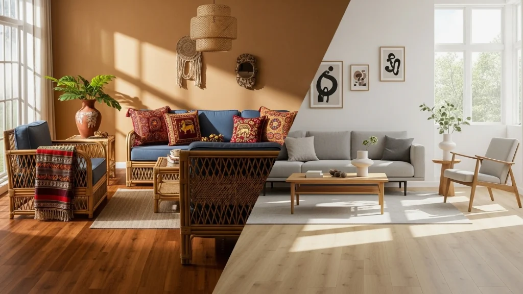 Vinyl Flooring vs Laminate Flooring in Sri Lanka. A comparison of a living room with dark wood vinyl flooring and a room with light laminate flooring in Sri Lanka.