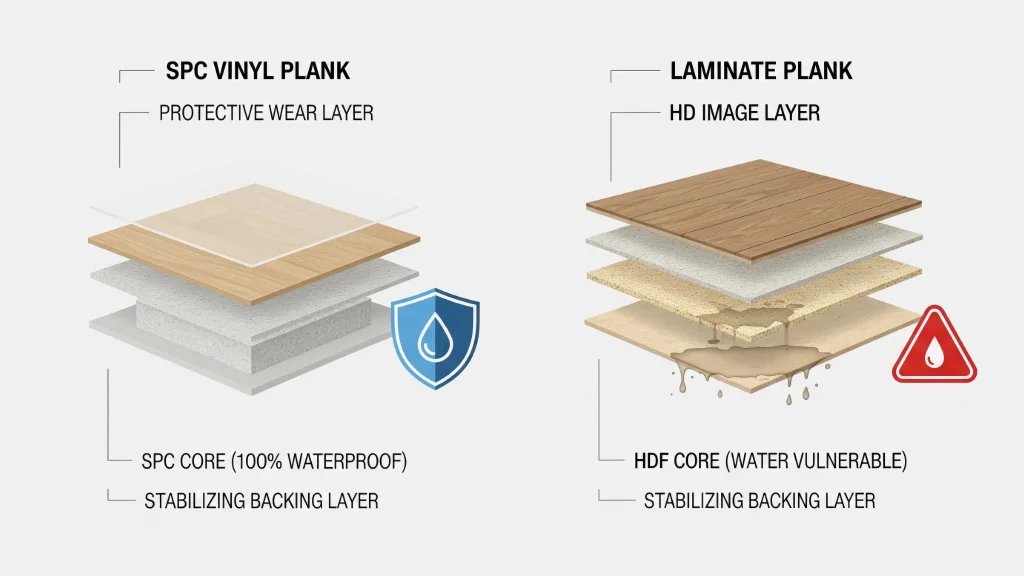 An infographic showing the technical layers of a waterproof SPC vinyl plank compared to a water-vulnerable HDF laminate plank.
