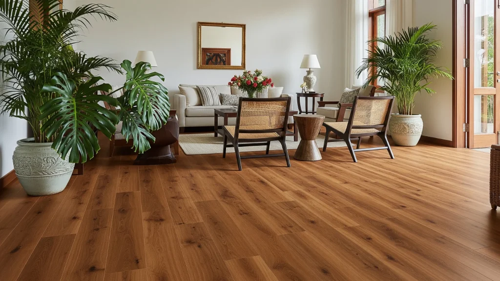 A modern Sri Lankan living room beautifully installed with realistic Sivilima GoFloor Teak wood-look vinyl flooring.