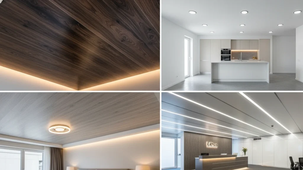 A collage or a gallery of 4 different PVC ceiling applications